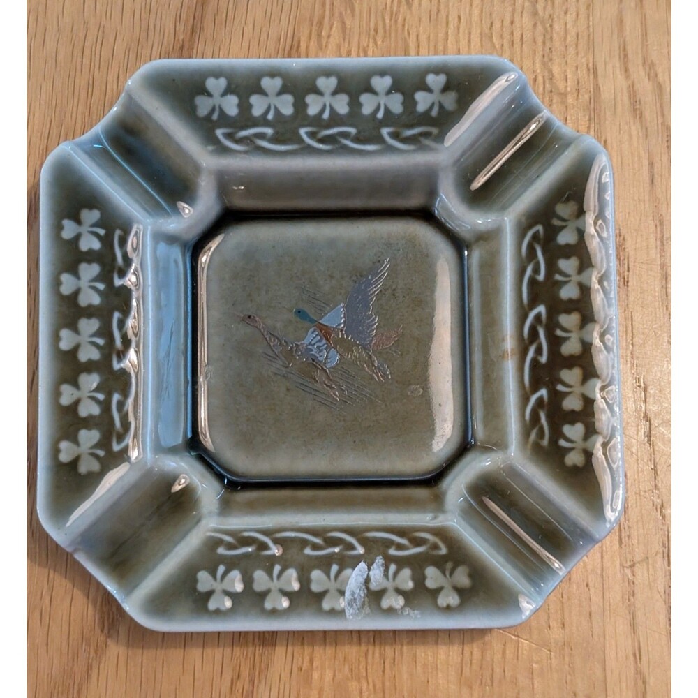 Vintage Irish Porcelain Ashtray Duck Scene Shamrock Rim  4" Square Ireland